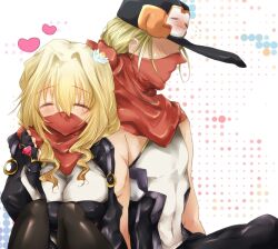  1boy blonde_hair blush breasts cleavage closed_eyes commentary_request couple female fingerless_gloves flower gloves hair_flower hair_ornament haruki_rise hat kyoukaisenjou_no_horizon large_breasts long_hair mary_stuart ninja pantyhose scarf short_hair straight tenzou_crossunite 