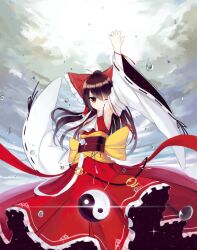  alternate_costume arm_up ascot bad_id bad_pixiv_id bow brown_eyes brown_hair detached_sleeves female hair_tubes hairbow hakurei_reimu highres keli_bang long_hair one_eye_closed red_bow solo touhou wide_sleeves yin_yang 