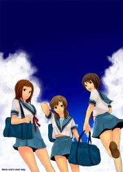  3girls bad_id bad_pixiv_id bag bare_legs blue_sailor_collar bob_cut bow cloud day eitoman english_text extra hairbow hinata_sakiha kita_high_school_uniform looking_at_viewer multiple_girls over_shoulder sailor_collar school_bag school_uniform serafuku short_hair short_twintails summer_uniform suzuki_miharu suzumiya_haruhi_no_yuuutsu twintails yanagimoto_sumire 