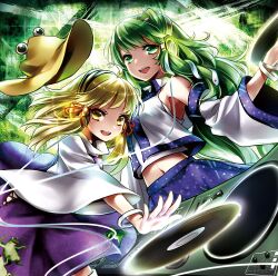  blonde_hair bracelet breasts cd detached_sleeves dj eyelashes frog frog_hair_ornament green_eyes green_hair hair_ornament hat hat_removed headphones headwear_removed jewelry kochiya_sanae long_hair medium_breasts midriff moriya_suwako multiple_girls navel no_bra record ria short_hair sideboob smile snake touhou wide_sleeves yellow_eyes 