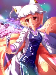  absurdres blonde_hair blush breasts cherry_blossoms commentary_request female fox_tail hat highres liya medium_breasts multiple_tails ofuda open_mouth photoshop_(medium) red_eyes short_hair smile solo tail touhou yakumo_ran 