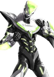  1boy armor bad_id bad_pixiv_id fighting_stance kaburagi_t._kotetsu male_focus neon_trim power_armor product_placement simple_background solo superhero_costume takemori_shintarou tiger_&amp;_bunny white_background wild_tiger 