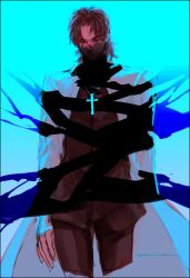  1boy brown_hair cassock commentary_request cross cross_necklace fate/zero fate_(series) jewelry kotomine_kirei male_focus necklace photoshop_(medium) shaliva solo 