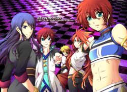  5boys asbel_lhant bad_id bad_pixiv_id black_hair blonde_hair blue_eyes checkered_background coat copyright_name cress_albane in-franchise_crossover long_hair luke_fon_fabre male_focus midriff multiple_boys pants purple_background purple_eyes red_hair reid_hershel smile tales_of_(series) tales_of_eternia tales_of_graces tales_of_phantasia tales_of_the_abyss tales_of_vesperia tsubasam yuri_lowell 