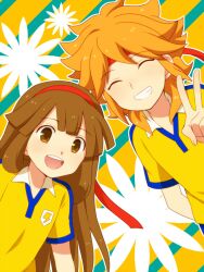  1boy amemiya_taiyou bad_id bad_pixiv_id brown_hair female grin headband hinoma_(hinomasan) inazuma_eleven_(series) inazuma_eleven_go inazuma_eleven_go_chrono_stone lightning_bolt_symbol long_hair nanobana_kinako open_mouth orange_hair raimon raimon_soccer_uniform smile soccer_uniform sportswear v 