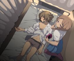  1boy bad_id bad_pixiv_id bed brown_hair camera closed_eyes female from_above inazuma_eleven_(series) inazuma_eleven_go kudou_akira lying navel no_pants on_back pleated_skirt shindou_takuto shirt skirt sleeping underwear yamana_akane 