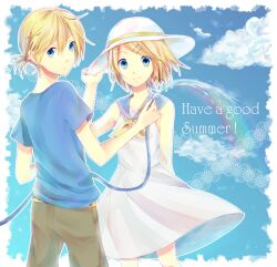  1boy bad_id bad_pixiv_id blonde_hair blue_eyes brother_and_sister female hair_ornament hairclip hand_on_headwear hat holding hose kagamine_len kagamine_rin rainbow school_uniform serafuku shiro_(ryuu) short_hair siblings smile sun_hat twins vocaloid water 