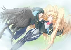  2girls absurdres angel black_hair black_legwear blonde_hair bodysuit closed_eyes highres horns kyoukai_senjou_no_horizon kyoukaisenjou_no_horizon malga_naruze margot_knight multiple_girls wings 