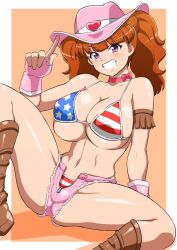  american_flag american_flag_bikini american_flag_print bare_shoulders bikini blush boots bow breasts brown_hair cleavage commentary_request cowboy_hat cutoffs denim denim_shorts female flag_print fringe_trim grin hat heart hokuto_(tokuho) huge_breasts legs looking_at_viewer miyama_reina neck_ribbon pretty_rhythm pretty_rhythm_dear_my_future pretty_series print_bikini purple_eyes ribbon shorts smile solo spread_legs swimsuit twintails unzipped 