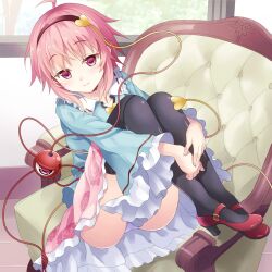  black_thighhighs chair commentary_request female hairband heart highres komeiji_satori looking_at_viewer panties pantyshot pink_eyes pink_hair rasahan red_footwear shoes sitting smile solo thighhighs third_eye touhou underwear 