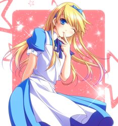  1boy alice_(alice_in_wonderland) alice_(alice_in_wonderland)_(cosplay) alice_in_wonderland apron bad_id bad_pixiv_id blonde_hair blue_eyes cosplay crossdressing hair_ribbon hairband kuma_(persona_4) long_hair male_focus mayokichi one_eye_closed otoko_no_ko persona persona_4 photoshop_(medium) ribbon solo star_(symbol) 