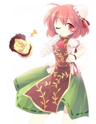  ahoge animal bad_id bad_pixiv_id bandages blush chinese_clothes closed_eyes double_bun female flower hair_bun ibaraki_kasen kuroyurihaze one_eye_closed puffy_sleeves raijuu red_eyes red_hair rose short_hair short_sleeves smile solo touhou white_background 