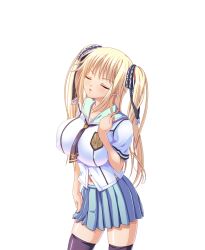  black_background blonde_hair breasts closed_eyes erect_nipples female huge_breasts kissing kyonyuu_majo l long_hair open_mouth school_uniform schoolgirl simple_background solo tenma_cecile thighhighs twintails waffle zettai_ryouiki 