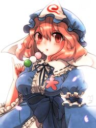  breasts commentary_request dango eating female food hat japanese_clothes large_breasts long_sleeves pink_hair red_eyes ribbon saigyouji_yuyuko sash short_hair solo touhou triangular_headpiece urita_(vivivinicol) wagashi wide_sleeves 