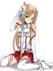  armor asuna_(sao) bare_shoulders between_legs black_eyes braid breastplate brown_hair commentary_request detached_sleeves female long_hair looking_at_viewer moonsorrow planted planted_sword pleated_skirt simple_background sitting skirt solo sword sword_art_online thighhighs wariza weapon white_background white_thighhighs zettai_ryouiki 