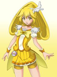  bike_shorts bike_shorts_under_skirt blonde_hair bow bowtie brooch choker commentary_request cure_peace female gradient_background hair_flaps jewelry long_hair magical_girl ntk_51 photoshop_(medium) precure shorts skirt smile smile_precure solo white_background wrist_cuffs yayoi_kise yellow_background yellow_bow yellow_eyes yellow_shorts yellow_skirt yellow_theme 