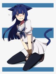  adapted_costume animal_ears aoki_shizumi blue_hair blush cat_ears cat_tail clenched_teeth commentary_request female hirose_sumire kneeling long_hair pantyhose saki_(manga) school_uniform shiraitodai_school_uniform solo tail tears teeth 