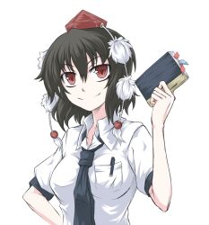  black_hair bookmark commentary_request female hat kuro_goma_(kakkou11) looking_at_viewer notebook pen puffy_sleeves red_eyes shameimaru_aya short_hair short_sleeves smile solo tokin_hat touhou white_background 