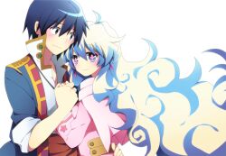  1boy aged_up blue_hair commentary_request couple cross-shaped_pupils earrings female holding_hands jewelry long_hair multicolored_hair nia_teppelin photoshop_(medium) simon_(ttgl) smile soranagi straight symbol-shaped_pupils tengen_toppa_gurren_lagann two-tone_hair very_long_hair 