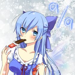  aged_up bag blue_dress blue_eyes blue_hair blue_nails blush bow breasts chocolate cirno cirno_day cleavage collarbone commentary_request dated dress eating female hairbow long_hair looking_at_viewer lowres medium_breasts mouth_hold mushi_baibai nail_polish puffy_sleeves shirt short_sleeves solo touhou 