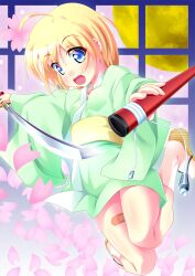  :d bandaid blonde_hair blue_eyes blush irie_sekine japanese_clothes kimono open_mouth sandals sekine_irie smile sword weapon 