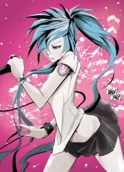  blue_eyes blue_hair bracelet commentary_request female hatsune_miku jewelry jinbei long_hair microphone miniskirt music ring singing skirt tattoo twintails very_long_hair vocaloid 