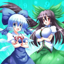  2girls black_hair blue_dress blue_eyes blue_hair bow breast_hold breasts cirno cirno_day commentary_request crossed_arms dress friends green_bow green_skirt hairbow large_breasts long_hair metadata_pun multiple_girls open_mouth osashin_(osada) red_eyes reiuji_utsuho short_hair skirt smile third_eye touhou 