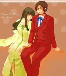  1boy beard black_hair closed_eyes couple facial_hair fate/zero fate_(series) female formal hand_holding highres leaning_on_person long_hair married suit tohsaka_aoi tohsaka_tokiomi 