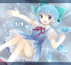  :d bad_id bad_pixiv_id blue_eyes blue_hair bow cirno cirno_day female hairbow ice ice_wings kawachi_rin open_mouth panties pantyshot polka_dot polka_dot_background short_hair smile socks solo striped_clothes striped_panties touhou underwear white_socks wings 