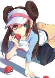  aqua_eyes black_pantyhose breasts brown_hair double_bun female hair_bun holding holding_poke_ball long_hair looking_at_viewer medium_breasts pantyhose poke_ball poke_ball_(basic) pokemon pokemon_bw2 raglan_sleeves rosa_(pokemon) solo t-okada twintails visor_cap 