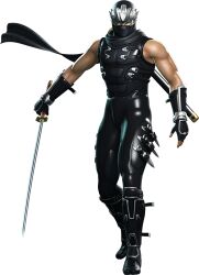  1boy 3d male male_focus muscle musou_orochi musou_orochi_2 ninja_gaiden official_art ryu_hayabusa scarf simple_background solo sword weapon 