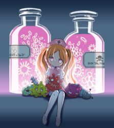  bacteria commentary_request cross female hat hexagon lolicon nurse nurse_cap orange_hair original pantyhose photoshop_(medium) purple_eyes sitting skull skull_and_crossbones solo symbol-shaped_pupils syringe twintails ume_(illegal_bible) virus white_pantyhose 