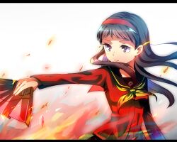  amagi_yukiko bad_id bad_pixiv_id black_eyes black_hair cardigan female fire folding_fan hairband hand_fan kamio_an letterboxed long_hair persona persona_4 school_uniform serafuku solo 