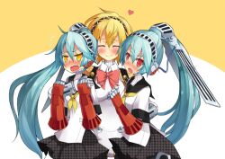  3girls aegis_(persona) android aqua_hair arashiya bad_id bad_pixiv_id blonde_hair blue_hair dark_persona dual_persona headphones hug joints labrys_(persona) long_hair multiple_girls persona persona_3 persona_4:_the_ultimate_in_mayonaka_arena photoshop_(medium) pleated_skirt ponytail red_eyes robot_joints school_uniform short_hair skirt very_long_hair yellow_eyes 