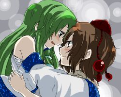  2girls bare_shoulders blush brown_hair commentary_request detached_sleeves eye_contact green_hair hat hug kochiya_sanae long_hair looking_at_another multiple_girls red_eyes sarashi shameimaru_aya short_hair sleeves_past_wrists smile tokin_hat touhou unya yellow_eyes yuri 