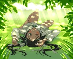  barefoot black_hair blush bow commentary_request dappled_sunlight female francesca_lucchini green_eyes hair_ornament hairbow kaneko_(novram58) leaf long_hair lying nature on_back one_eye_closed panties photoshop_(medium) shadow solo strike_witches striped_clothes striped_panties sunlight tree_shade underwear upside-down world_witches_series 