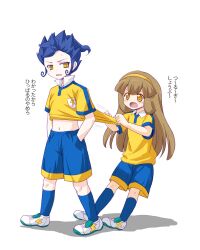  1boy :o blue_hair blue_legwear blush brown_eyes brown_hair clothes_lift commentary_request female gym_shorts hairband hands_in_pockets inazuma_eleven_(series) inazuma_eleven_go inazuma_eleven_go_chrono_stone kneehighs lightning_bolt_symbol long_hair marugoshi_(54burger) midriff nanobana_kinako navel open_mouth raimon raimon_soccer_uniform shirt_grab shirt_lift shoes shorts simple_background soccer_uniform socks sportswear sweat translated tsurugi_kyousuke v-shaped_eyebrows white_background 