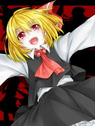  blonde_hair blouse blush cofi_(eternal) commentary_request female hair_ornament hair_ribbon looking_at_viewer open_mouth outstretched_arms red_eyes ribbon rumia shirt silhouette skirt skirt_set smile solo touhou 