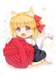  animal_ears bad_id bad_pixiv_id blonde_hair blush bow cat_ears cat_tail chibi female hairbow kemonomimi_mode mini_person minigirl nyoichi_(ekaini) oerba_yun_fang open_mouth red_eyes rumia short_hair socks solo tail touhou yarn yarn_ball 