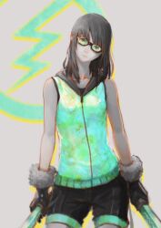  black_hair black_shorts commentary dual_wielding expressionless female flat_chest fur_trim glasses gloves green_eyes head_tilt high_voltage_symbol holding hood hood_down hoodie katana long_hair okuto original photoshop_(medium) shorts simple_background sleeveless sleeveless_hoodie solo sword weapon 