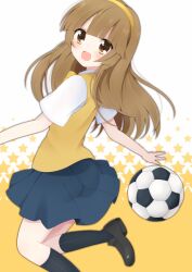  bad_id bad_pixiv_id ball banned_artist blue_skirt brown_eyes brown_hair hairband inazuma_eleven_(series) inazuma_eleven_go inazuma_eleven_go_chrono_stone kobeni_hijiko long_hair nanobana_kinako open_mouth orange_hairband raimon raimon_school_uniform school_uniform skirt soccer_ball sweater_vest telstar 