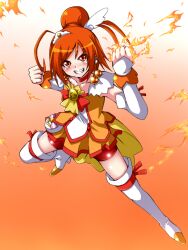  bike_shorts bike_shorts_under_skirt boots bow bowtie brooch choker clenched_hands commentary_request cure_sunny female fire full_body gradient_background grin hair_bun hino_akane_(smile_precure!) jewelry kiriya_obu_gn magical_girl orange_background orange_eyes orange_hair orange_skirt orange_theme precure red_bow red_bowtie red_choker red_shorts short_hair shorts single_hair_bun skirt smile smile_precure solo thigh_boots thighhighs white_background white_thighhighs 