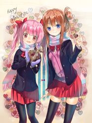  2girls :d bad_id bad_pixiv_id black_legwear blazer blue_eyes bow brown_hair candy cardigan chocolate food gloves happy_valentine hayama_eishi heart heart-shaped_chocolate holding jacket long_hair looking_at_viewer multiple_girls open_mouth original pantyhose pink_hair red_eyes scarf school_uniform skirt smile striped_clothes striped_scarf thighhighs twintails valentine 