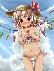  alternate_headwear bare_shoulders bikini blonde_hair blush commentary_request covering_breasts covering_privates female flandre_scarlet frilled_bikini frills hat hat_ribbon highres kazura looking_at_viewer md5_mismatch navel red_eyes ribbon short_hair side-tie_bikini_bottom side_ponytail solo strap_slip straw_hat swimsuit tan tanlines touhou water wings 