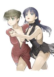  2girls bad_id bad_pixiv_id black_hair blue_eyes breasts brown_hair cleavage copyright_request cowboy_shot cropped_legs figure_skating green_eyes highres holding_hands ice_skates large_breasts multiple_girls nakabayashi_reimei pantyhose photoshop_(medium) see-through see-through_legwear sideboob simple_background skates white_background 