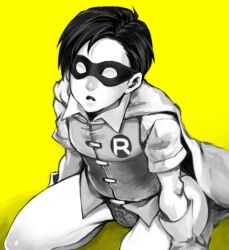  1boy batman_(series) cape color_background dc_comics dick_grayson domino_mask gloves kneeling leotard male male_focus mask monochrome robin_(dc) simple_background solo tachibana_(ghosts_0119) yellow yellow_background 