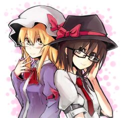  2girls bespectacled blonde_hair blush bow brown_eyes brown_hair commentary_request earrings glasses hat hat_bow jewelry long_hair long_sleeves maribel_hearn multiple_girls necktie puffy_sleeves shiroshi_(denpa_eshidan) short_hair short_sleeves smile touhou usami_renko white_background yellow_eyes 