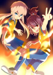  2boys armpit_peek bad_id bad_pixiv_id blonde_hair blue_eyes brown_hair fusion glasses highres inazuma_eleven_(series) inazuma_eleven_go inazuma_eleven_go_chrono_stone kirino_ranmaru kirino_ranmaru_(mixi_max_jeanne_d&#039;arc) lightning_bolt_symbol long_hair multiple_boys pink_hair raimon raimon_soccer_uniform red_eyes shindou_takuto shindou_takuto_(mixi_max_oda_nobunaga) soccer_uniform sonsoso sportswear twintails 