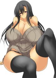  amano_mokuzu bare_shoulders black_hair black_legwear black_panties black_thighhighs breasts cleavage curvy female female huge_breasts legs long_hair no_pants no_skirt original panties red_eyes simple_background sitting solo sweater thighhighs thighs umino_mokuzu_(a4_size) underwear white_background wide_hips 