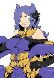  armor armored_dress breasts claws commentary_request demon_girl elbow_gloves female gloves grin hair_over_one_eye hand_on_own_hip horns jewelry large_breasts long_hair necklace nise_maou_kanizeru painttool_sai_(medium) purple_hair sharp_teeth smile solo teeth tsukudani_(coke-buta) yuusha_to_maou 